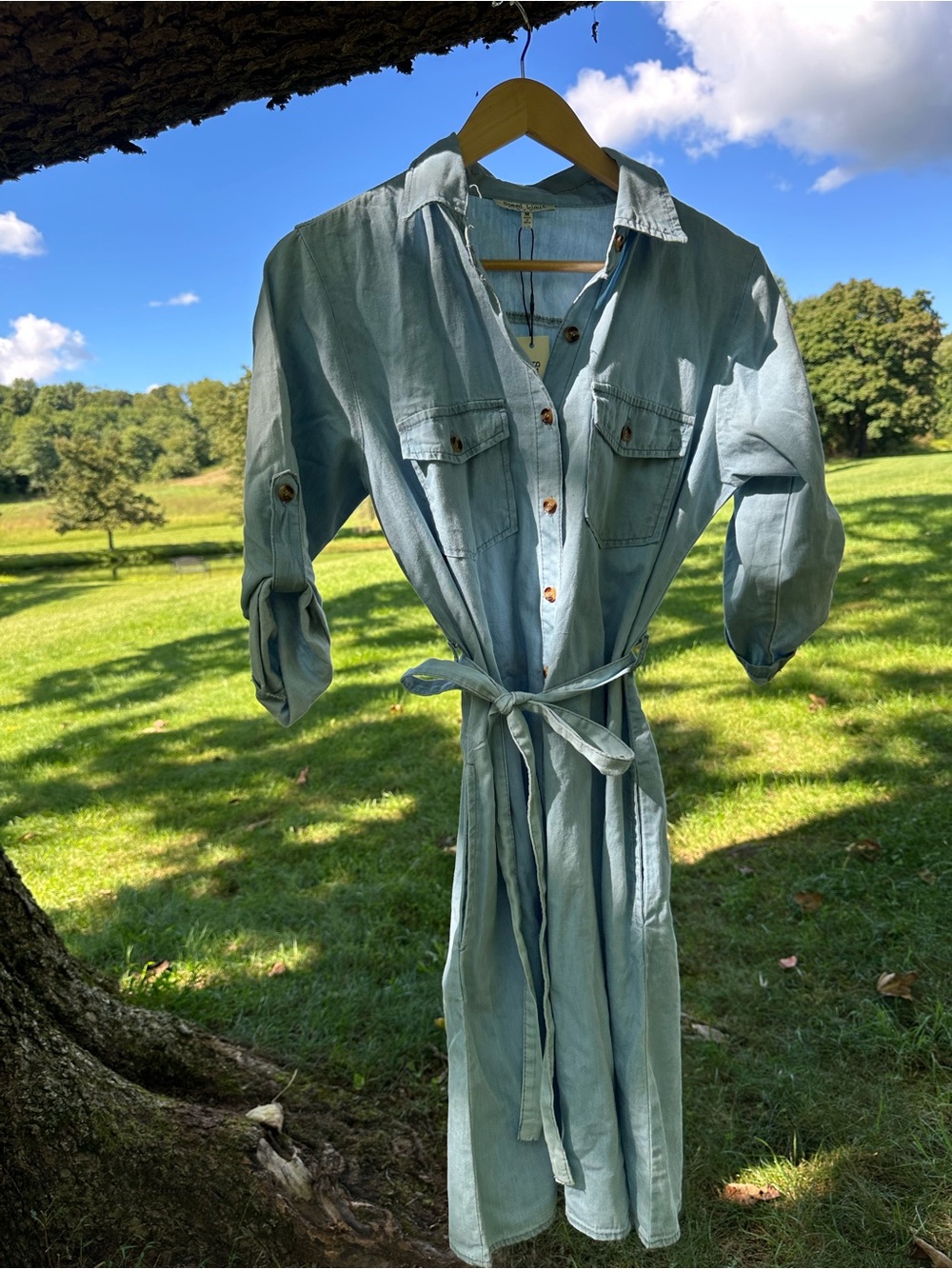 Light Blue Men's Denim Shirt Dress with Tie Waist